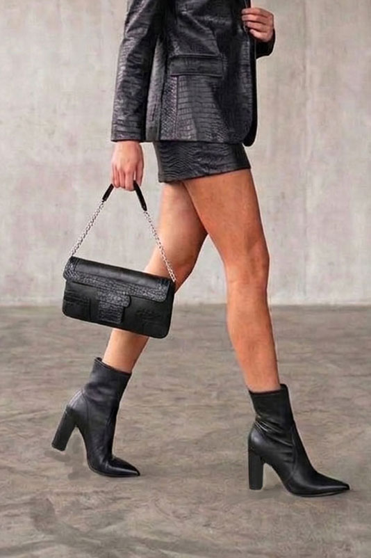 Dress ankle boots inside zip in satin black leather with high block heels and tapered toe - Top view